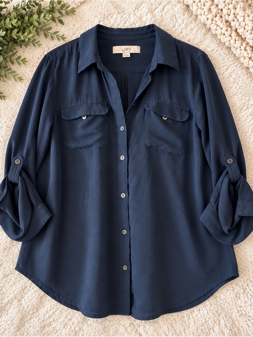 LOFT Navy Button-Front Blouse with Roll-Tab Sleeves, large petite